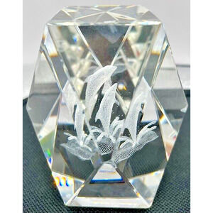 Dolphins Paperweight 3D Etched Crystal Hologram 2.75" x 2.5"
